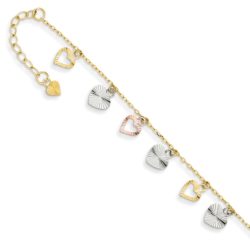 14k Tri-Color Gold Adjustable Heart Anklet, 9-10 Inch