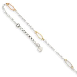 14k Tri-Color Gold Oval Link Adjustable Ankle Bracelet, 9 Inch