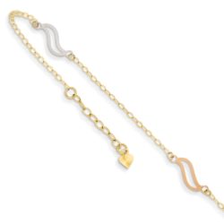 14k Tri-Color Gold Oval and Open S Links Adjustable Anklet, 10 Inch