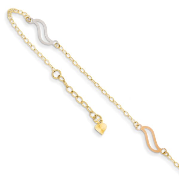 14k Tri-Color Gold Oval and Open S Links Adjustable Anklet, 10 Inch