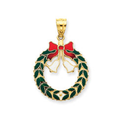 14k Yellow Gold, Enameled Christmas Wreath Pendant