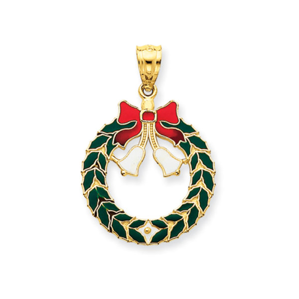 14k Yellow Gold, Enameled Christmas Wreath Pendant