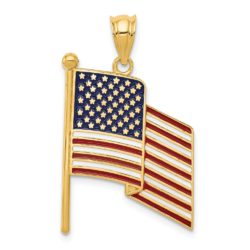 14k Yellow Gold Enameled Waving American Flag Pendant