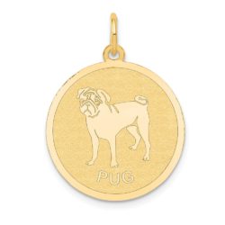 14k Yellow Gold Laser Etched Pug Disc Pendant, 19mm