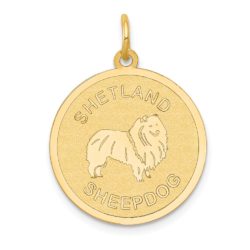 14k Yellow Gold Laser Etched Shetland Sheepdog Disc Pendant, 19mm