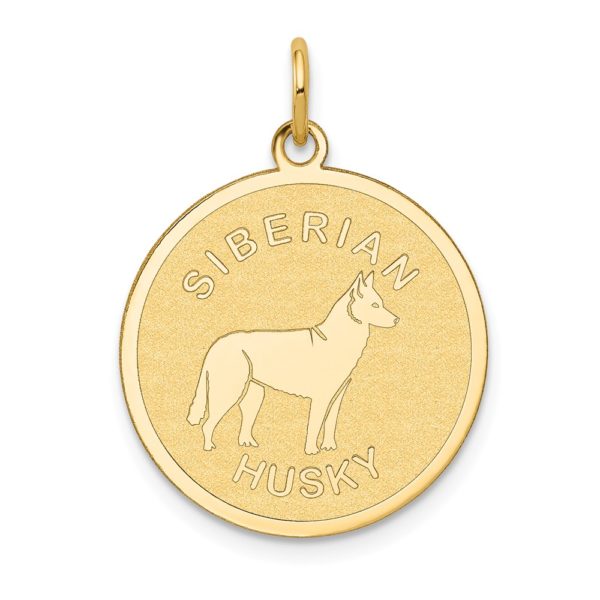 14k Yellow Gold Laser Etched Siberian Husky Disc Pendant, 19mm