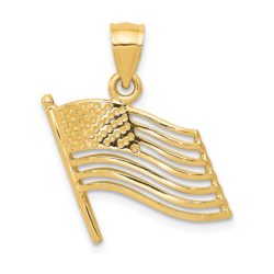 14k Yellow Gold Waving American Flag Pendant