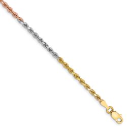 2.5mm, 14k Tri-Color Gold, D/C Solid Rope Chain Bracelet, 7 Inch