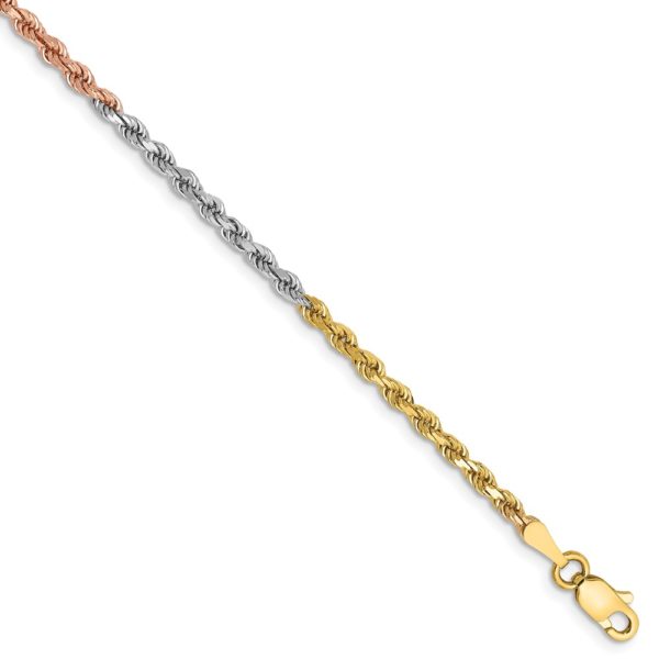 2.5mm, 14k Tri-Color Gold, D/C Solid Rope Chain Bracelet, 7 Inch