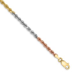 2.9mm, 14k Tri-Color Gold, D/C Solid Rope Chain Bracelet, 7 Inch