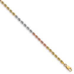 3mm 14k Tri-Color Gold, D/C Solid Rope Chain Bracelet, 7 Inch