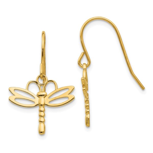 Polished Dragonfly Dangle Earrings in 14k Yellow Gold