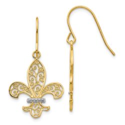 Two Tone Fleur De Lis Filigree Dangle Earrings in 14k Gold