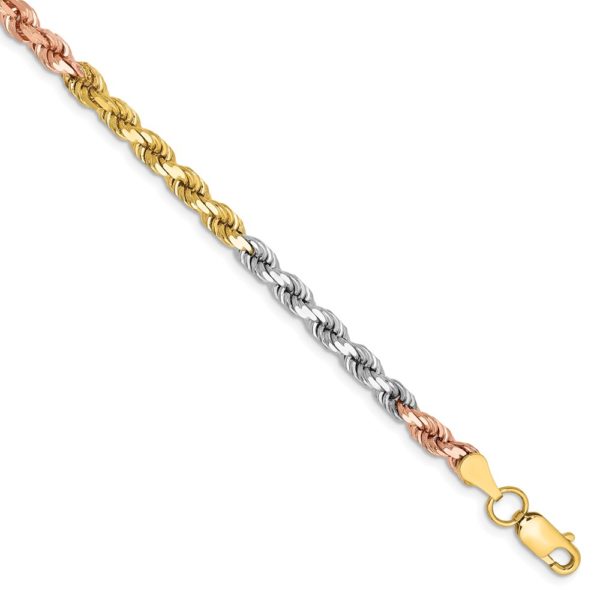 4mm, 14k Tri-Color Gold, D/C Solid Rope Chain Bracelet, 8 Inch