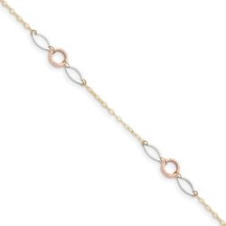 14k Tri-Color Gold Circle and Oval Anklet, 9-10 Inch