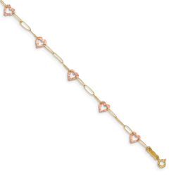 14k Two-Tone Gold Adjustable Heart Anklet, 9 Inch