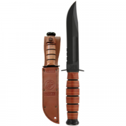 KA-BAR USMC Short Clip Point Fixed Blade Knife, 5.25", Partially Serrated Edge, Brown - 1252